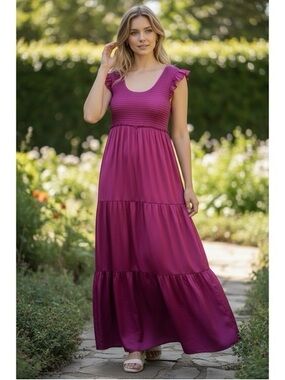 Natural Life Olivia Magenta Satin Smocked Tiered Peasant Maxi Dress NWT XL